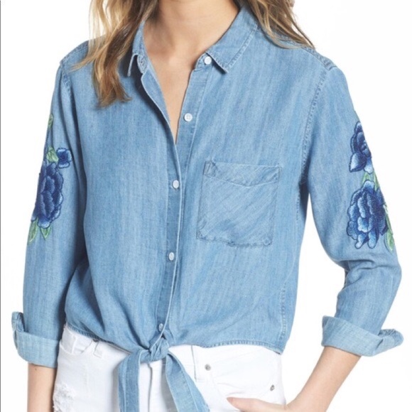 Rails Tops - Rails Val Floral Patch  Denim Front Tie Top